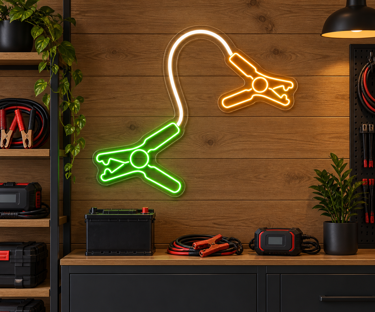 Jumper Cable Clamps LED Neon Sign for Garage Spaces - interior setting