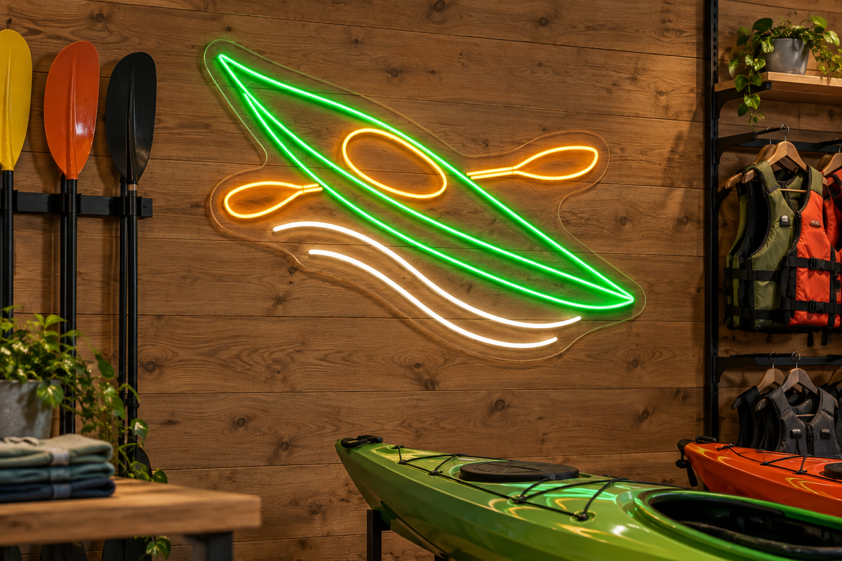 Kayak and Paddle LED Neon Sign for Paddling Spaces - interior setting