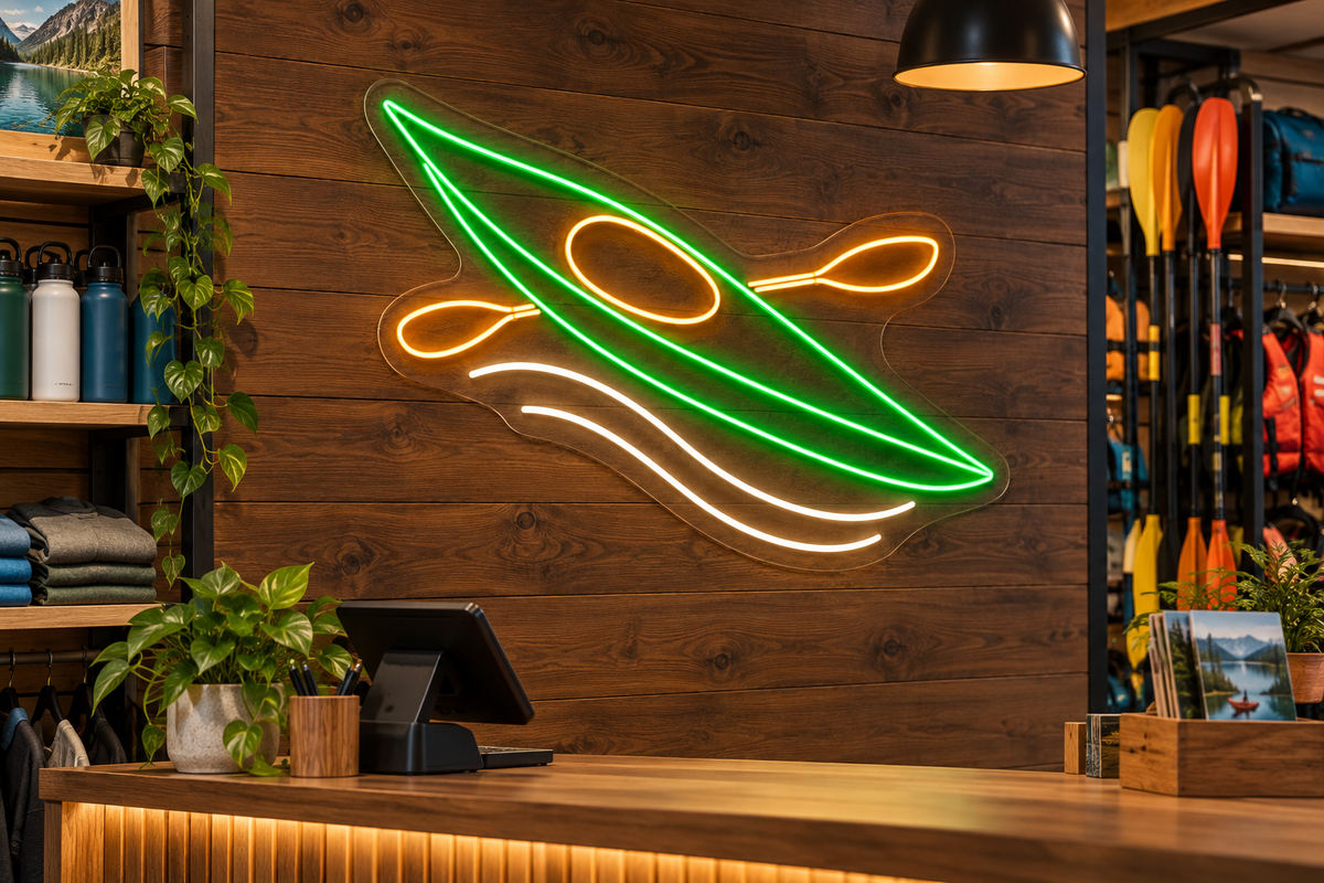 Kayak and Paddle LED Neon Sign for Paddling Spaces - interior setting
