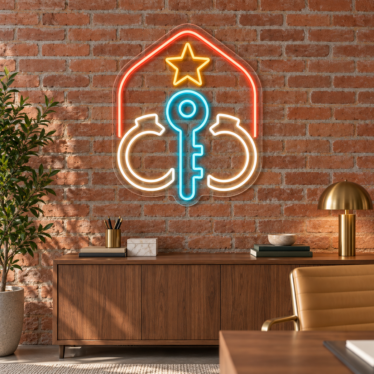 Key & Open Cuffs LED Neon Sign for Bail Bond Offices - interior setting