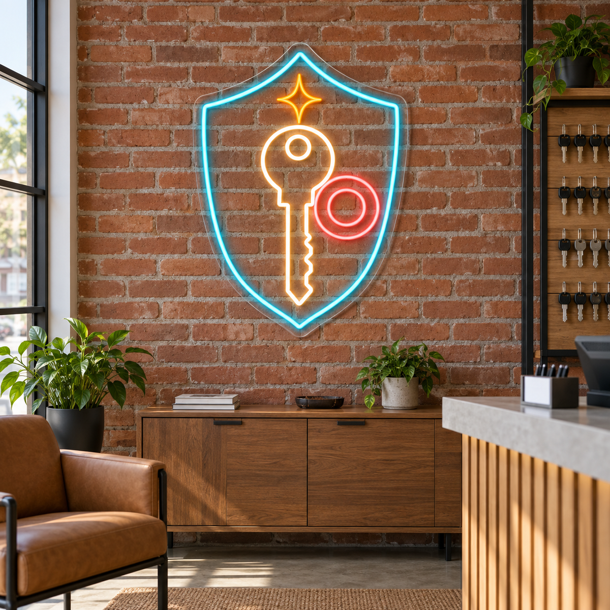 Key & Shield LED Neon Sign for Key Cutting Shops - interior setting