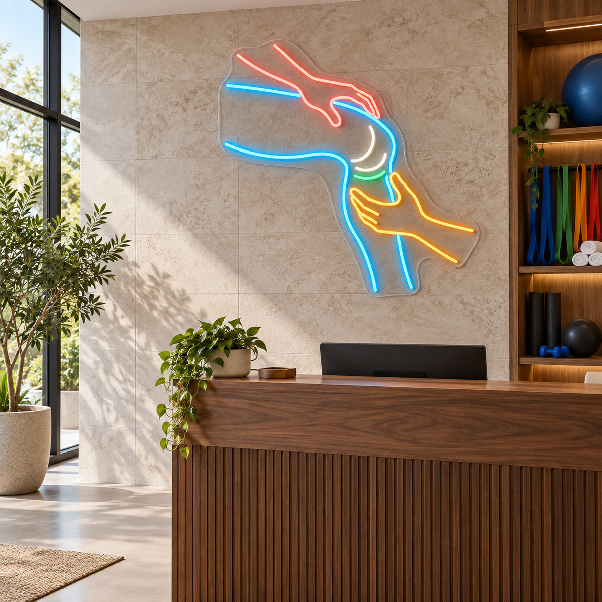 Knee & Supporting Hands LED Neon Sign for Sports Medicine Clinics - interior setting