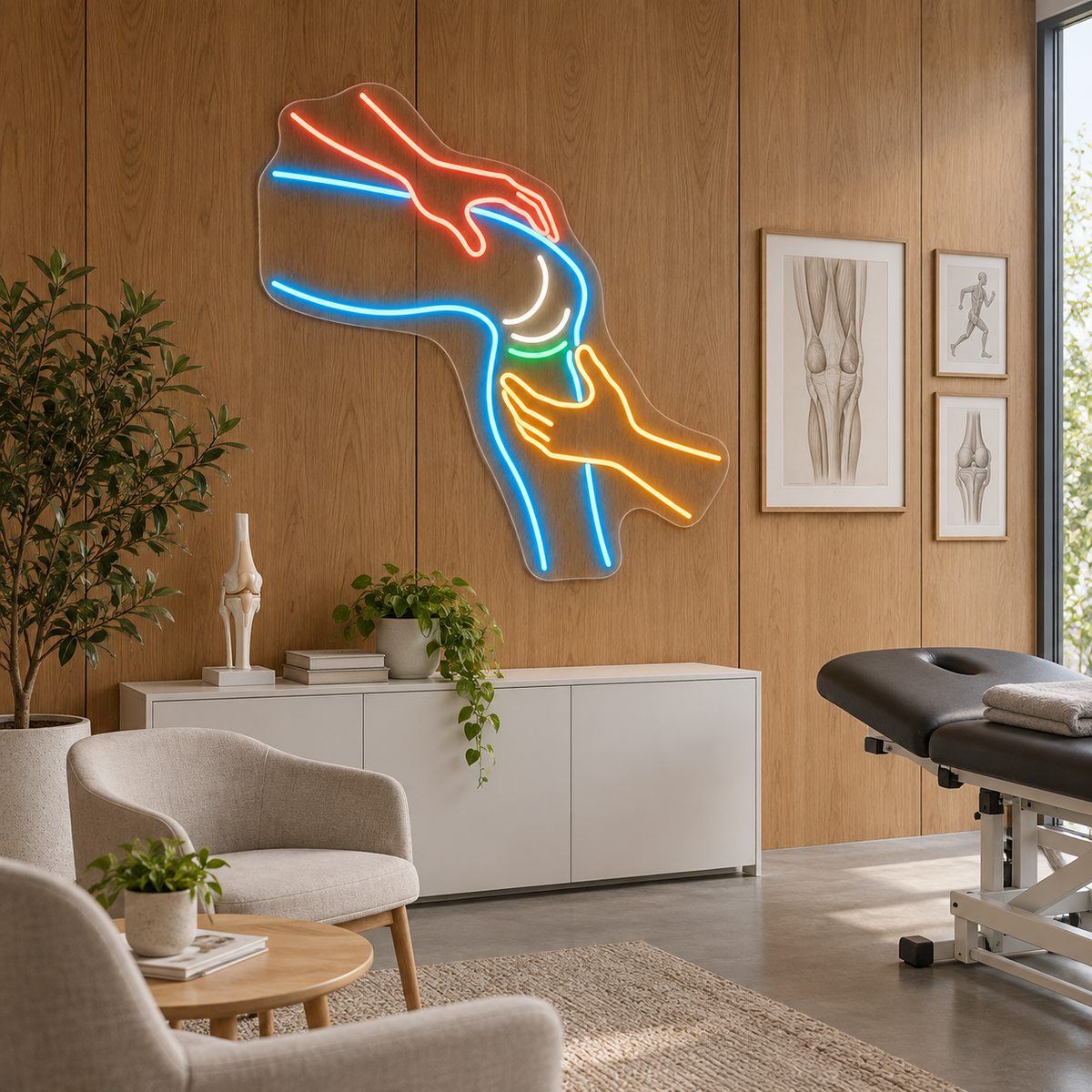 Knee & Supporting Hands LED Neon Sign for Sports Medicine Clinics - interior setting