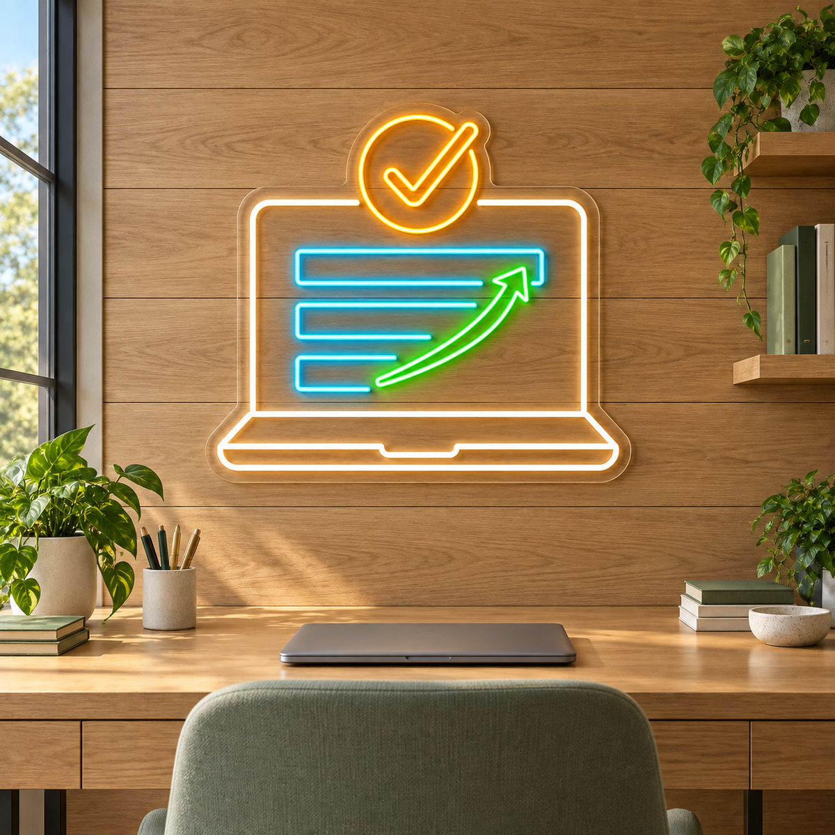 Laptop Growth Arrow & Check LED Neon Sign for Computer Classes - interior setting