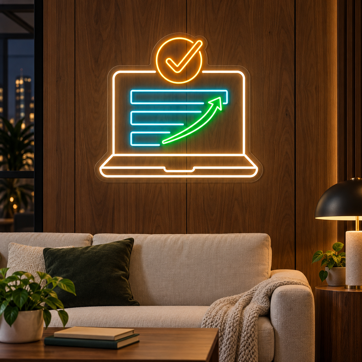 Laptop Growth Arrow & Check LED Neon Sign for Computer Classes - interior setting