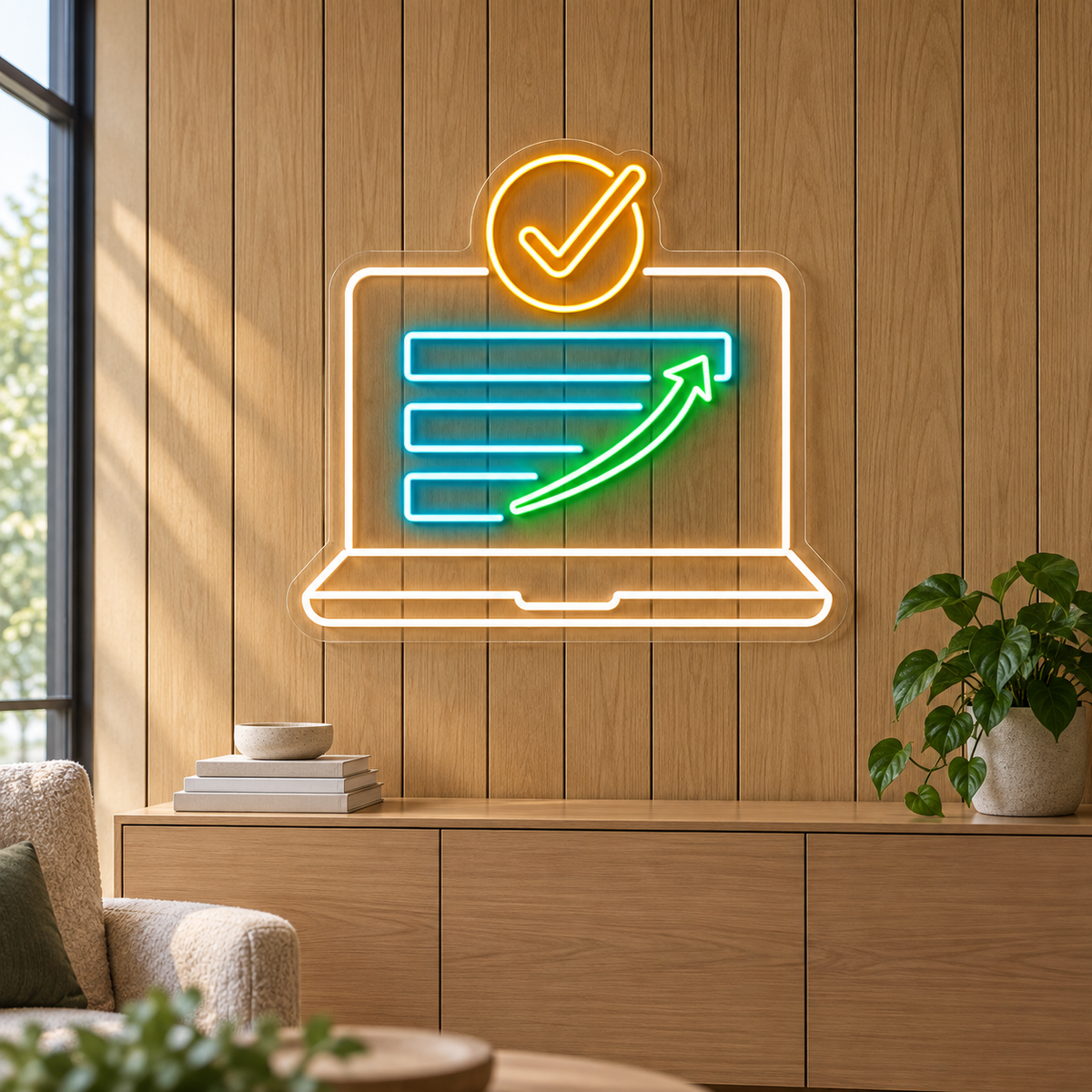 Laptop Growth Arrow & Check LED Neon Sign for Computer Classes - interior setting