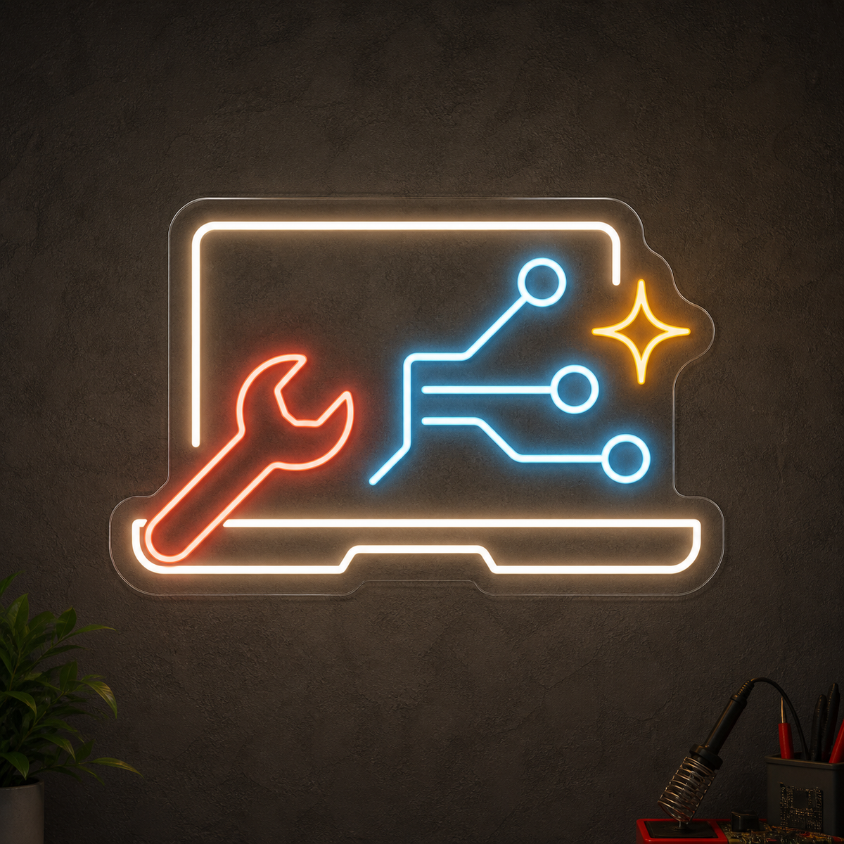 Laptop & Wrench LED Neon Sign for Electronics Repair Shops - design reference