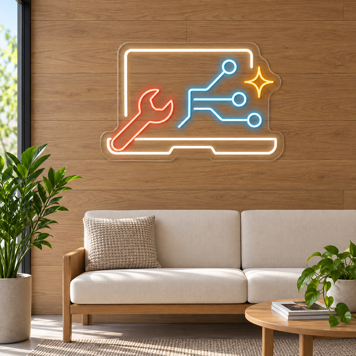 Laptop & Wrench LED Neon Sign for Electronics Repair Shops - interior setting