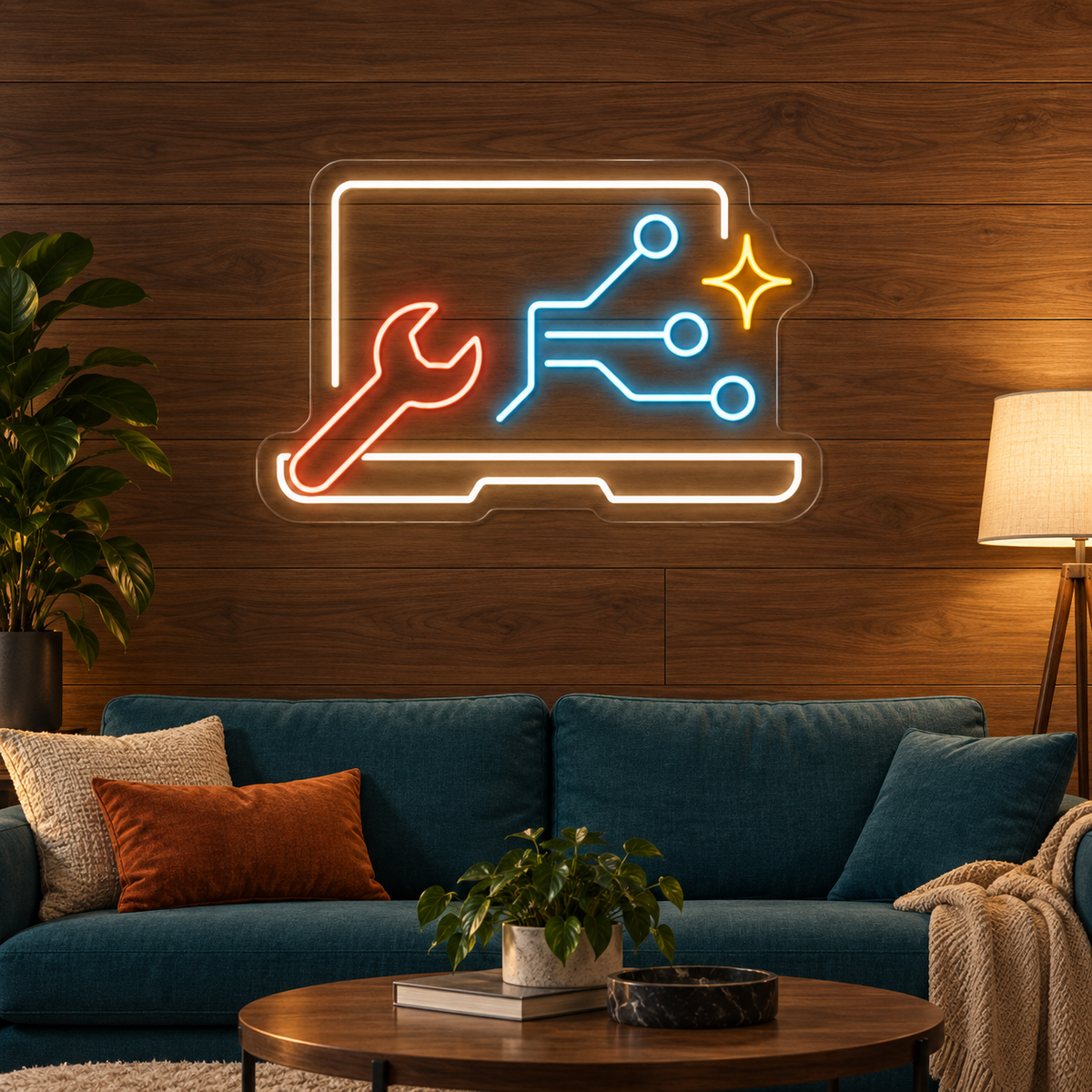 Laptop & Wrench LED Neon Sign for Electronics Repair Shops - interior setting