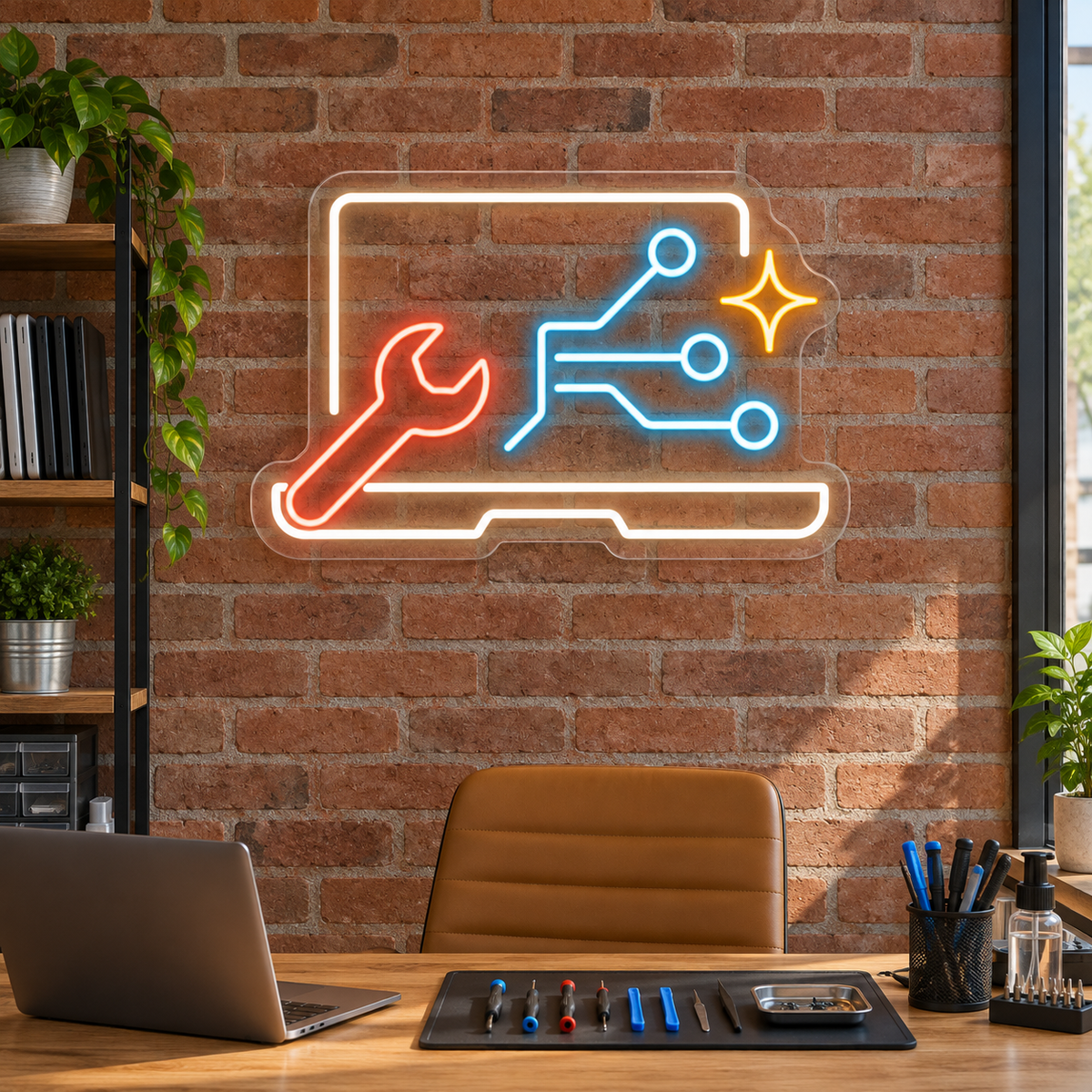 Laptop & Wrench LED Neon Sign for Electronics Repair Shops - interior setting