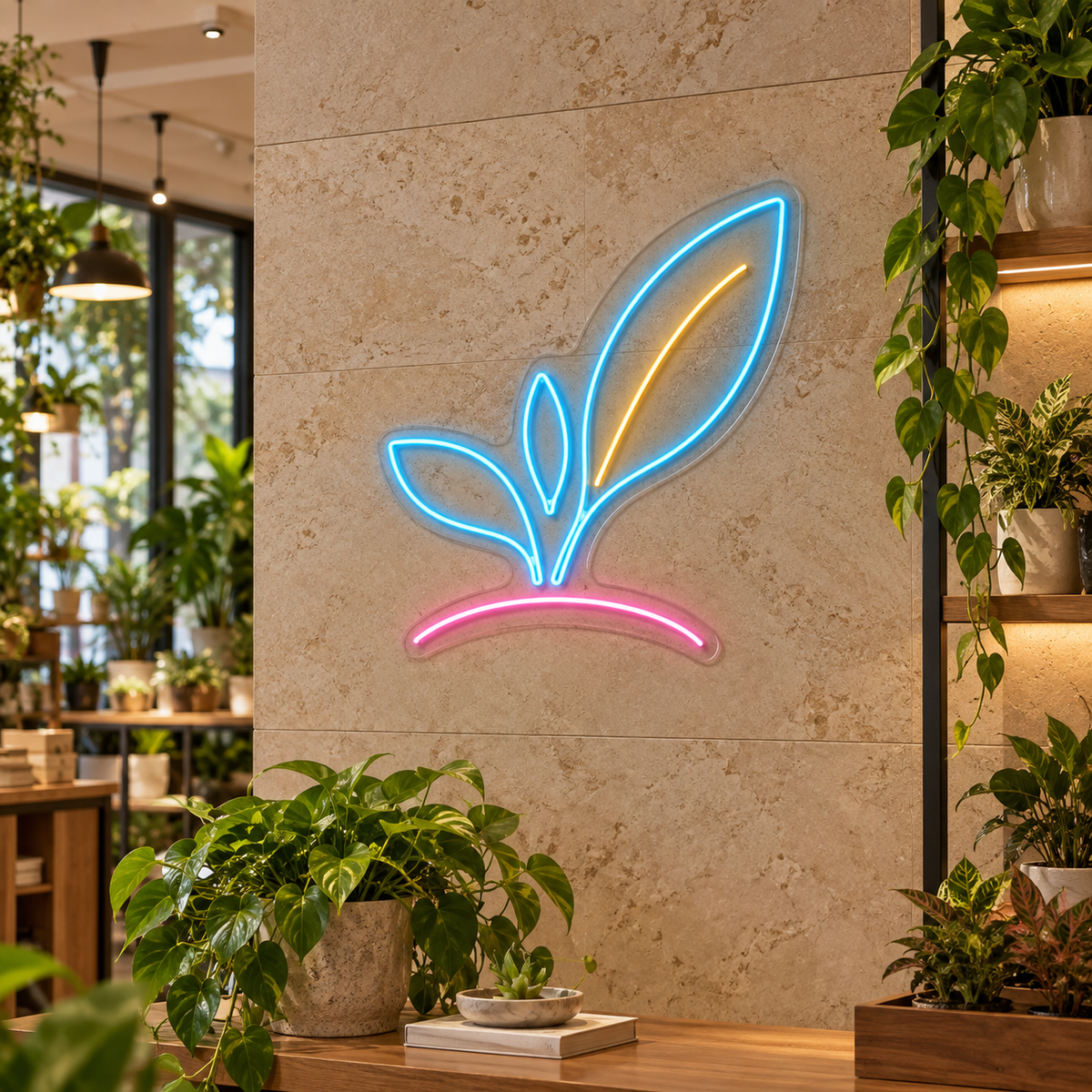 Leaf Sprout LED Neon Sign for Garden Spaces - interior setting