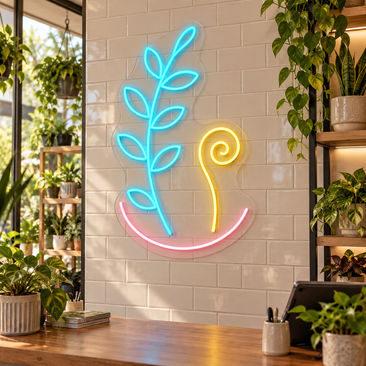 Leaf Stem and Fern Curl LED Neon Sign for Botanical Corners - interior setting