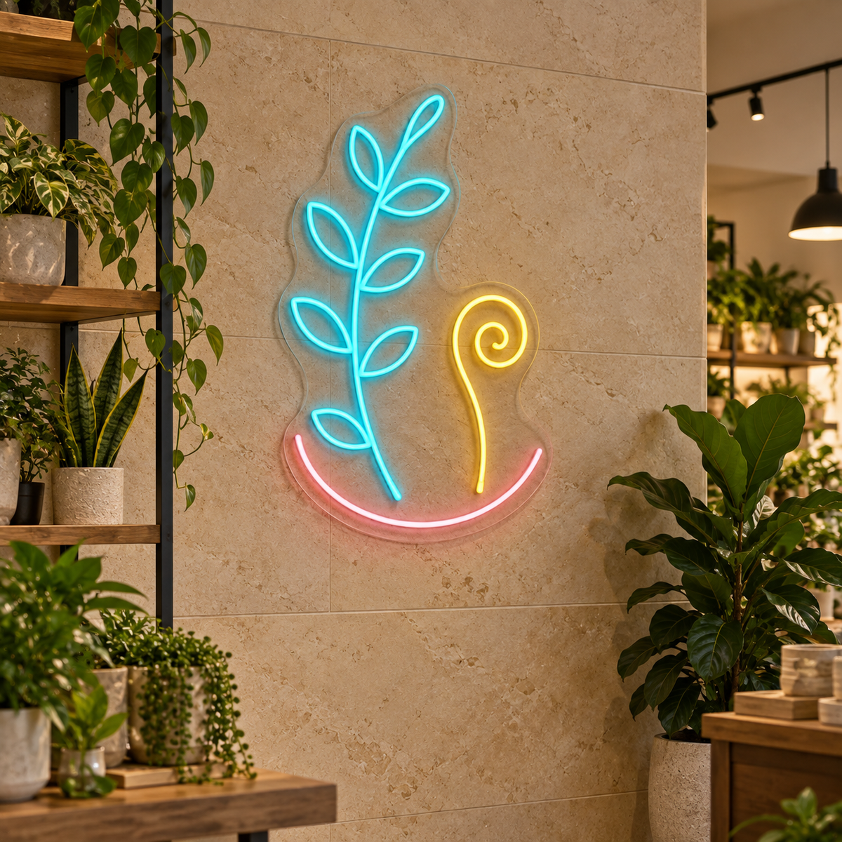 Leaf Stem and Fern Curl LED Neon Sign for Botanical Corners - interior setting