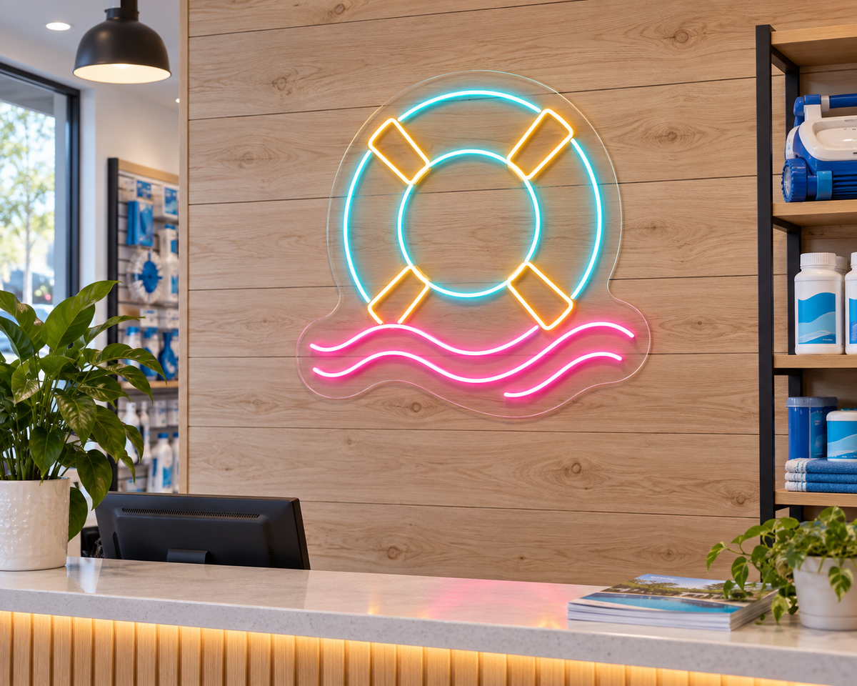 Life Ring and Waves LED Neon Sign for Poolside-Inspired Decor - interior setting