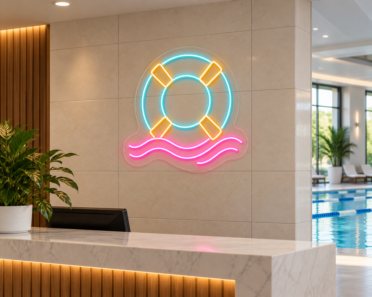 Life Ring and Waves LED Neon Sign for Poolside-Inspired Decor - interior setting