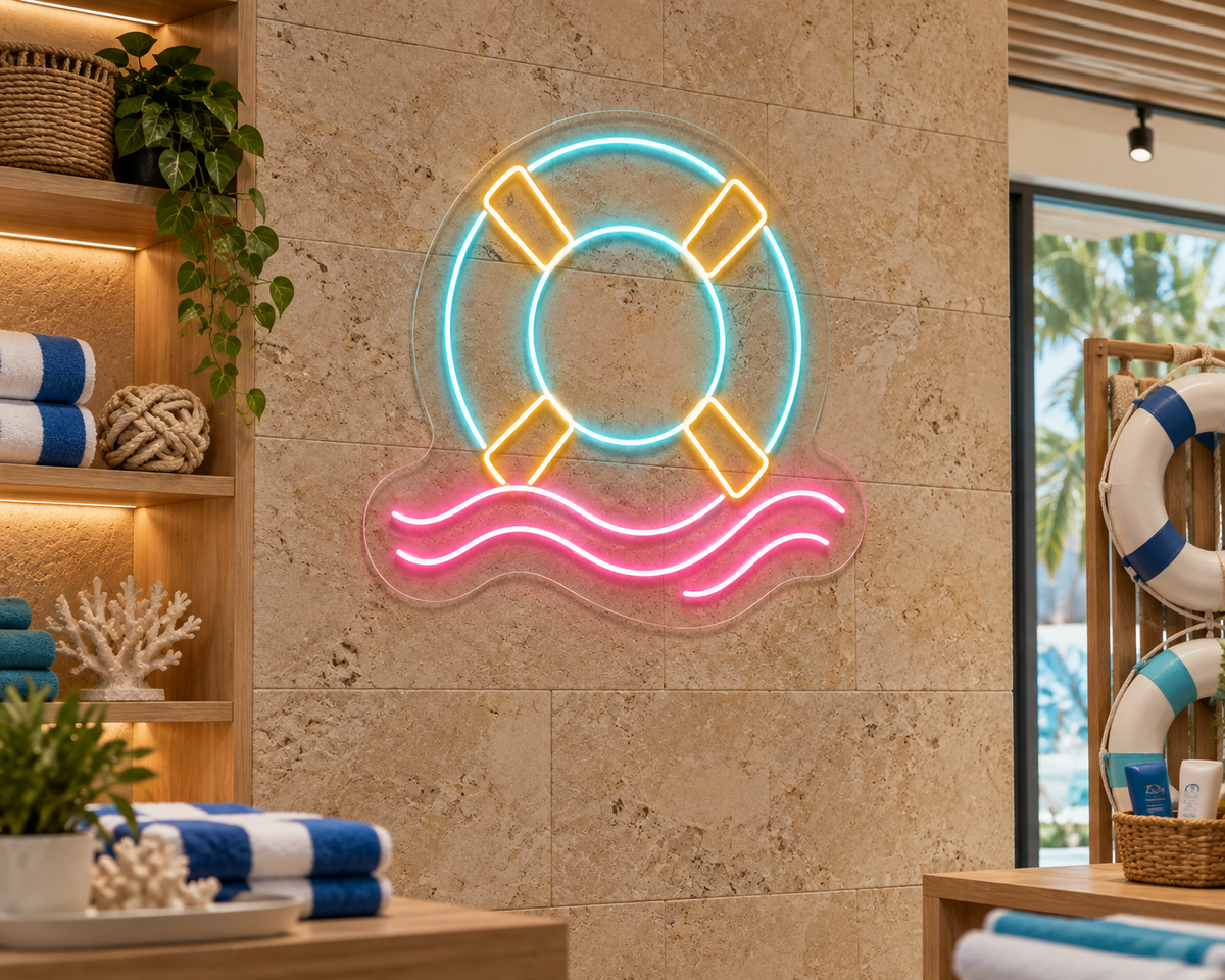 Life Ring and Waves LED Neon Sign for Poolside-Inspired Decor - interior setting