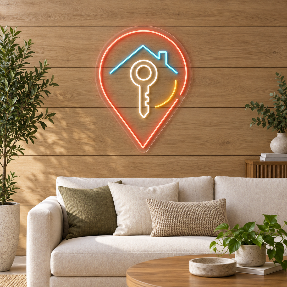 Location Pin & House Key LED Neon Sign for Realtor Offices - interior setting