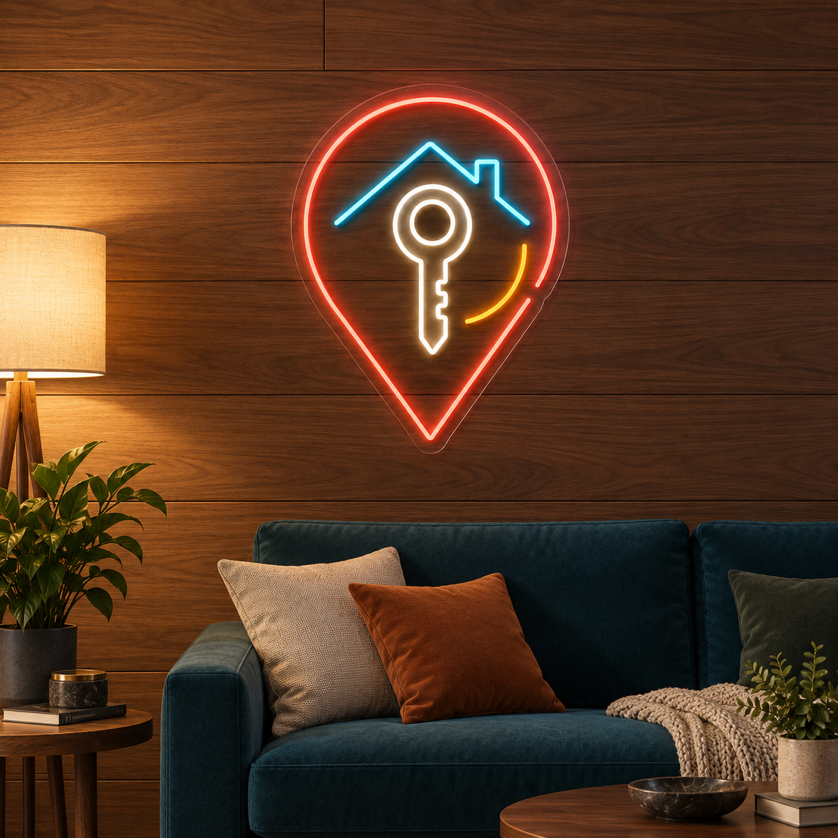 Location Pin & House Key LED Neon Sign for Realtor Offices - interior setting