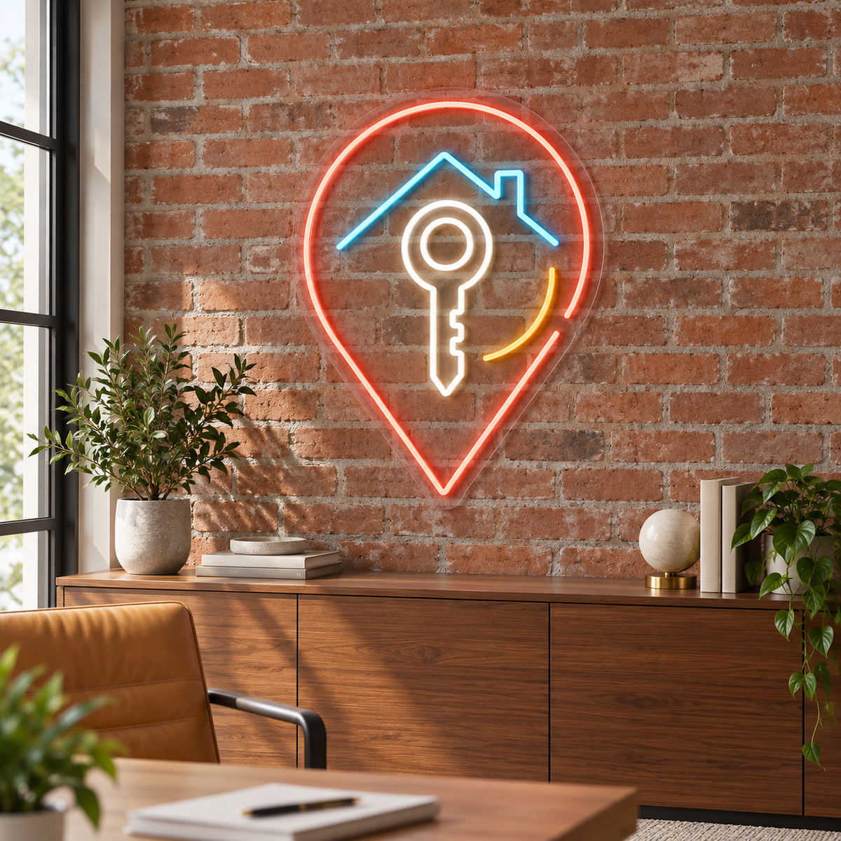 Location Pin & House Key LED Neon Sign for Realtor Offices - interior setting