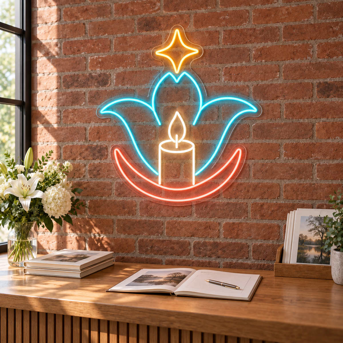 Lotus Candle & Sparkle LED Neon Sign for Funeral Homes - interior setting