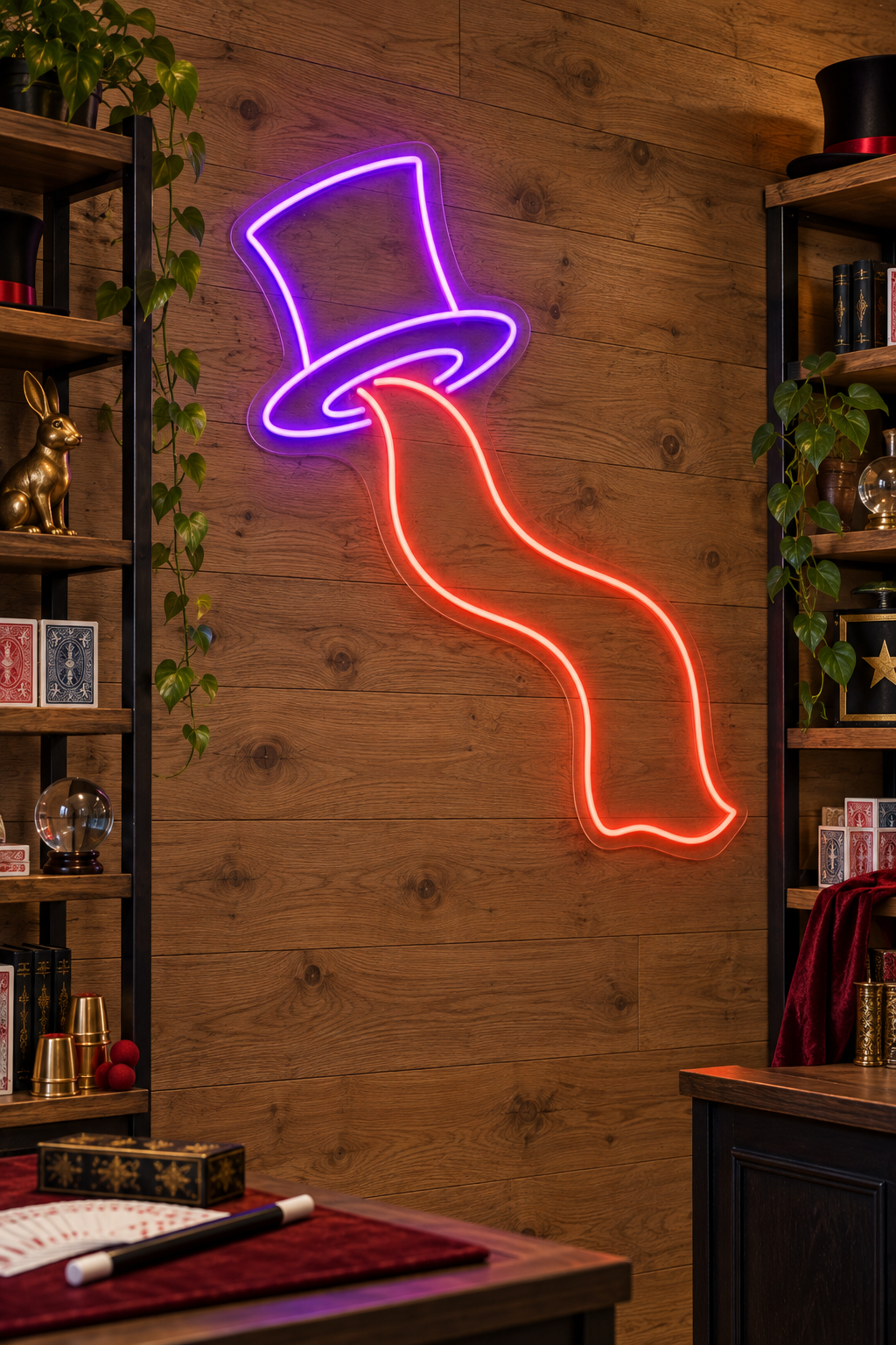 Magician Hat and Scarf LED Neon Sign for Magic Shops - interior setting
