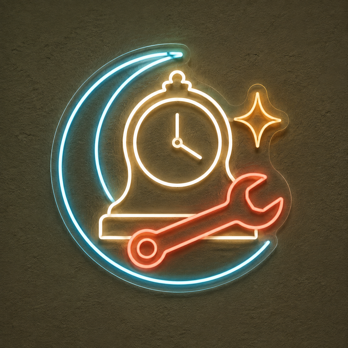 Mantel Clock & Wrench LED Neon Sign for Clock Repair Shops - design reference