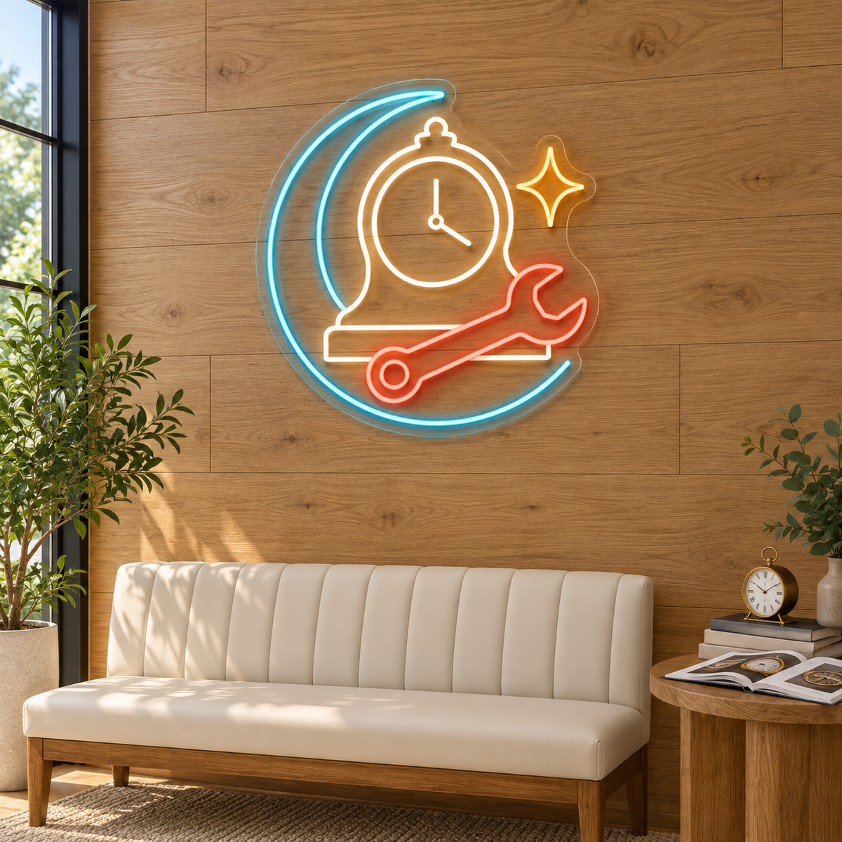 Mantel Clock & Wrench LED Neon Sign for Clock Repair Shops - interior setting