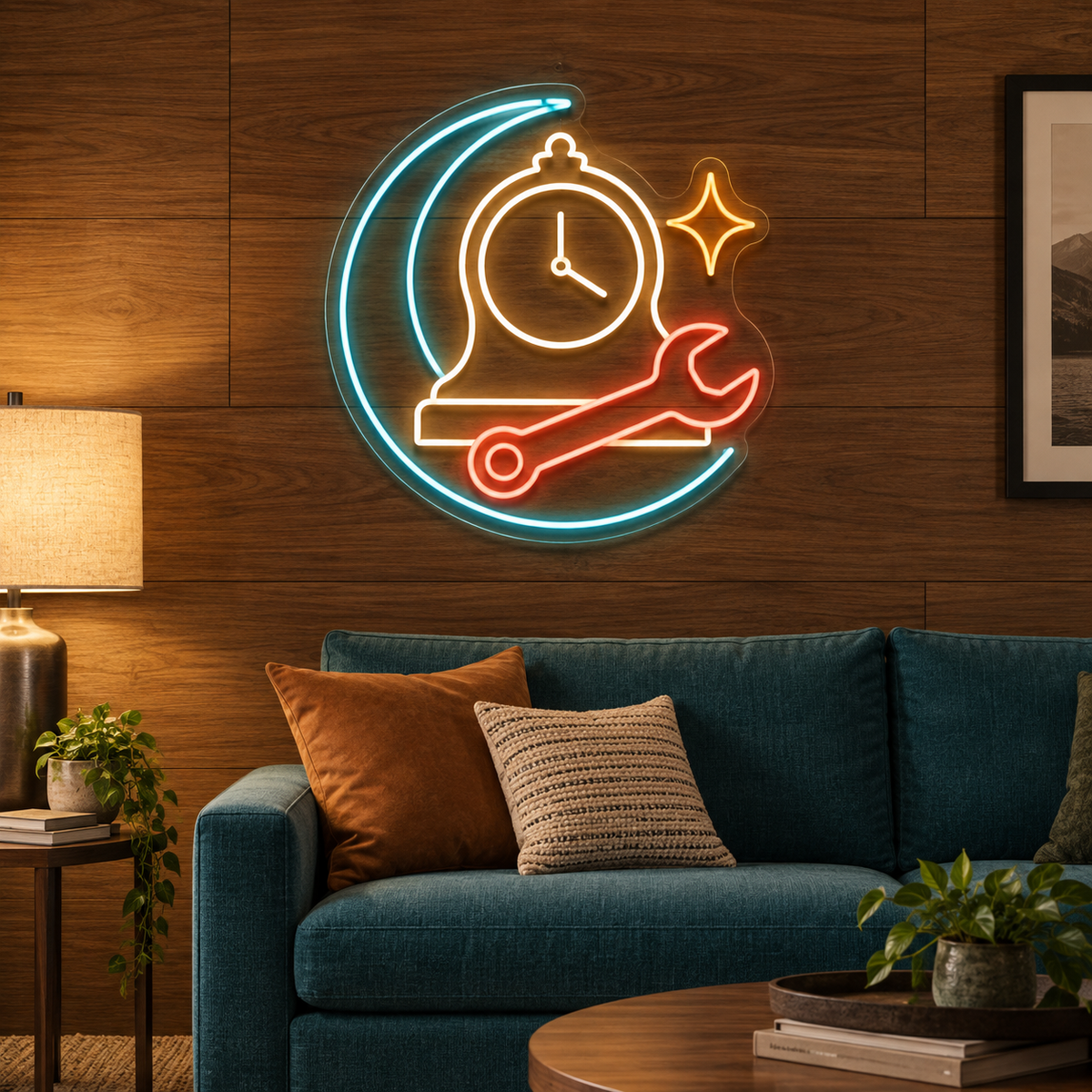 Mantel Clock & Wrench LED Neon Sign for Clock Repair Shops - interior setting