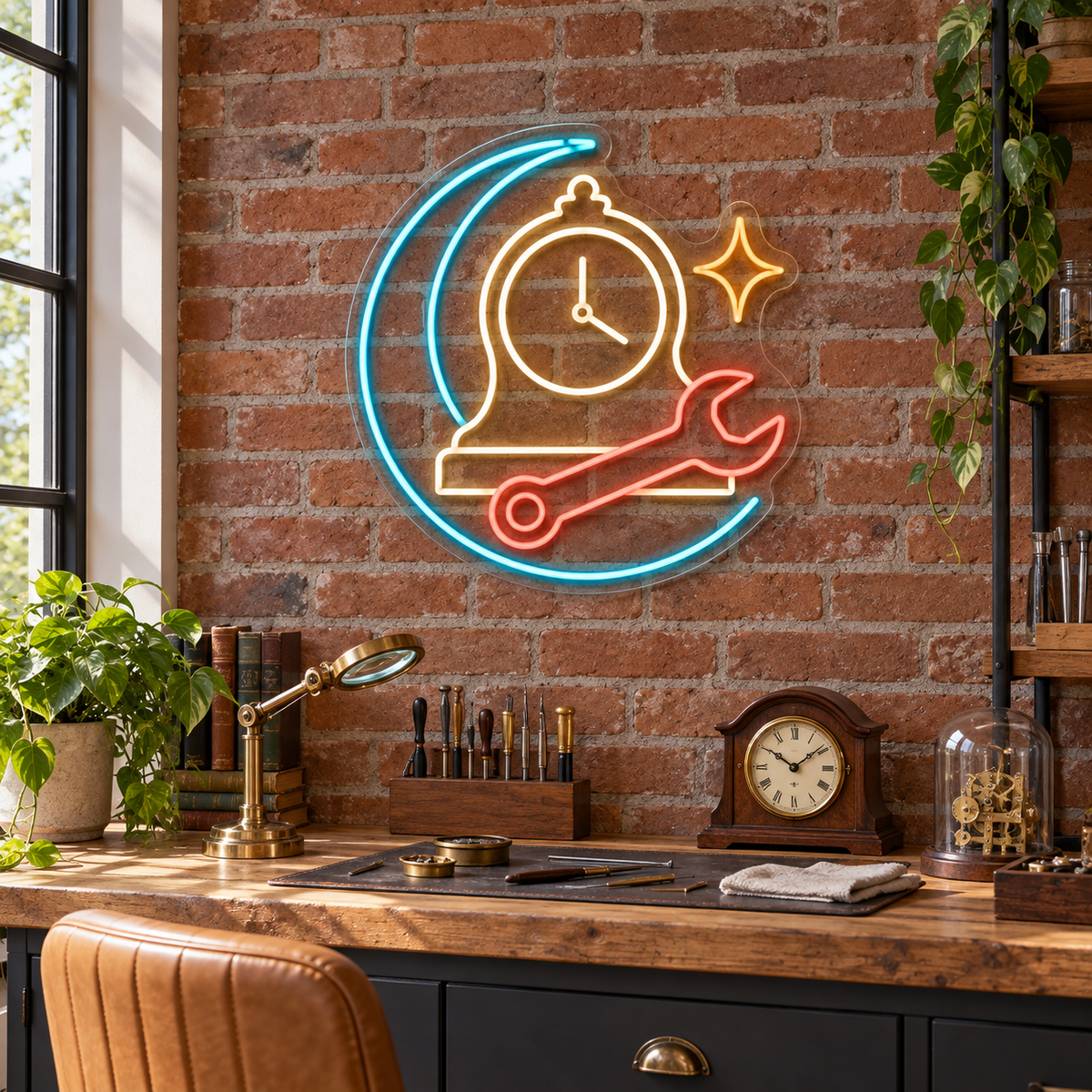 Mantel Clock & Wrench LED Neon Sign for Clock Repair Shops - interior setting