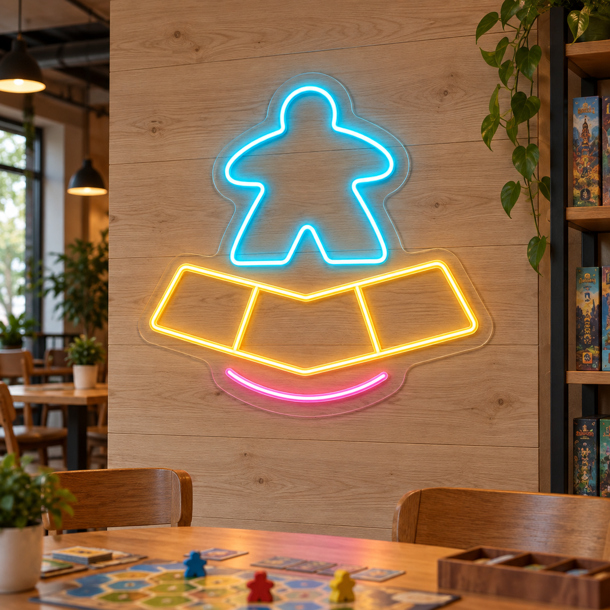 Meeple and Game Board LED Neon Sign for Tabletop Gaming - interior setting