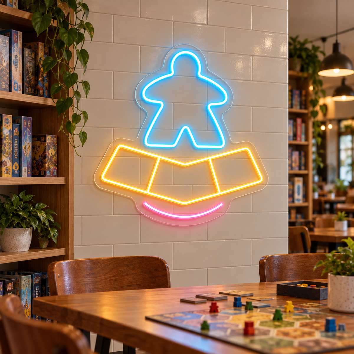 Meeple and Game Board LED Neon Sign for Tabletop Gaming - interior setting