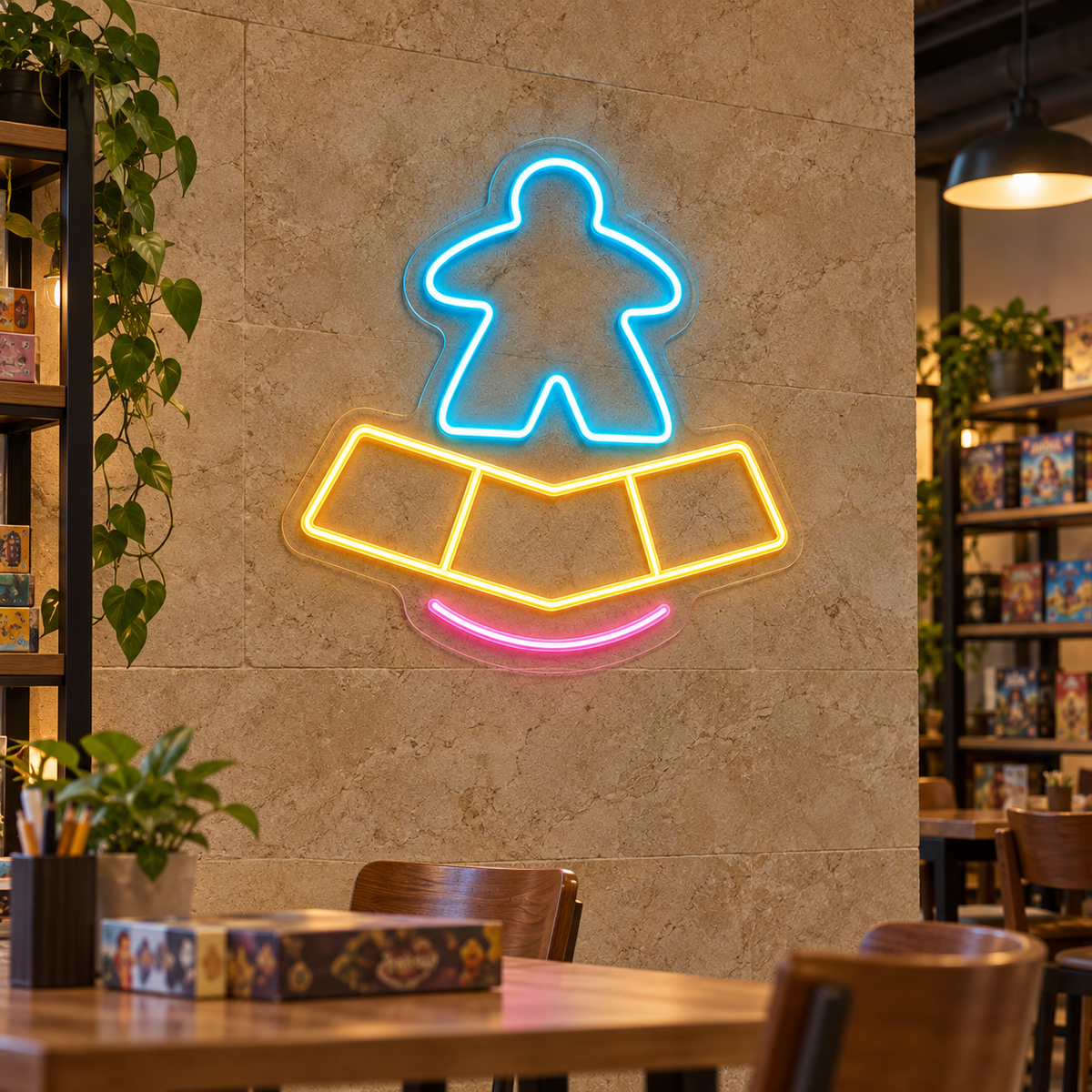 Meeple and Game Board LED Neon Sign for Tabletop Gaming - interior setting