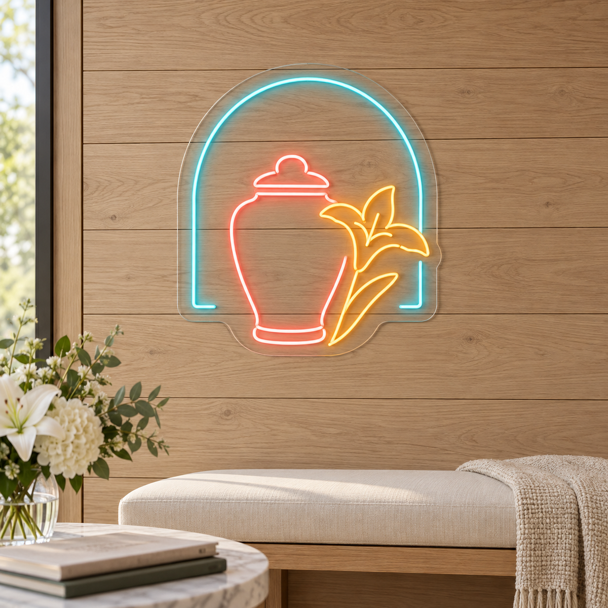 Memorial Urn & Lily LED Neon Sign for Funeral Homes - interior setting