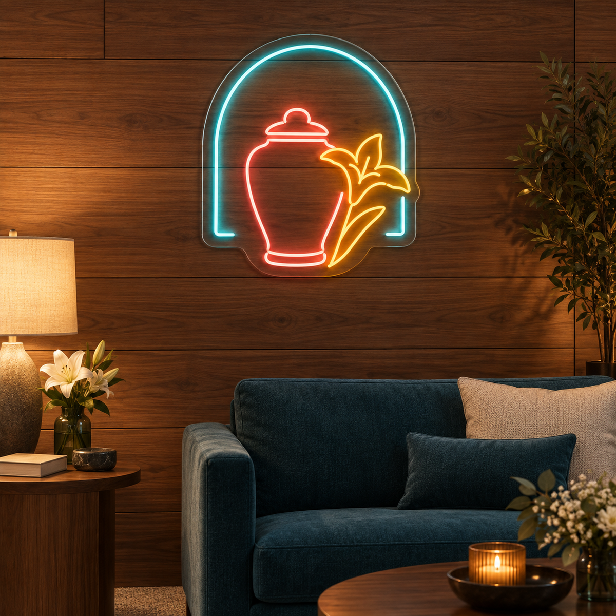 Memorial Urn & Lily LED Neon Sign for Funeral Homes - interior setting