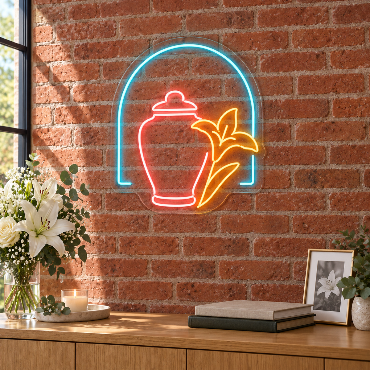Memorial Urn & Lily LED Neon Sign for Funeral Homes - interior setting