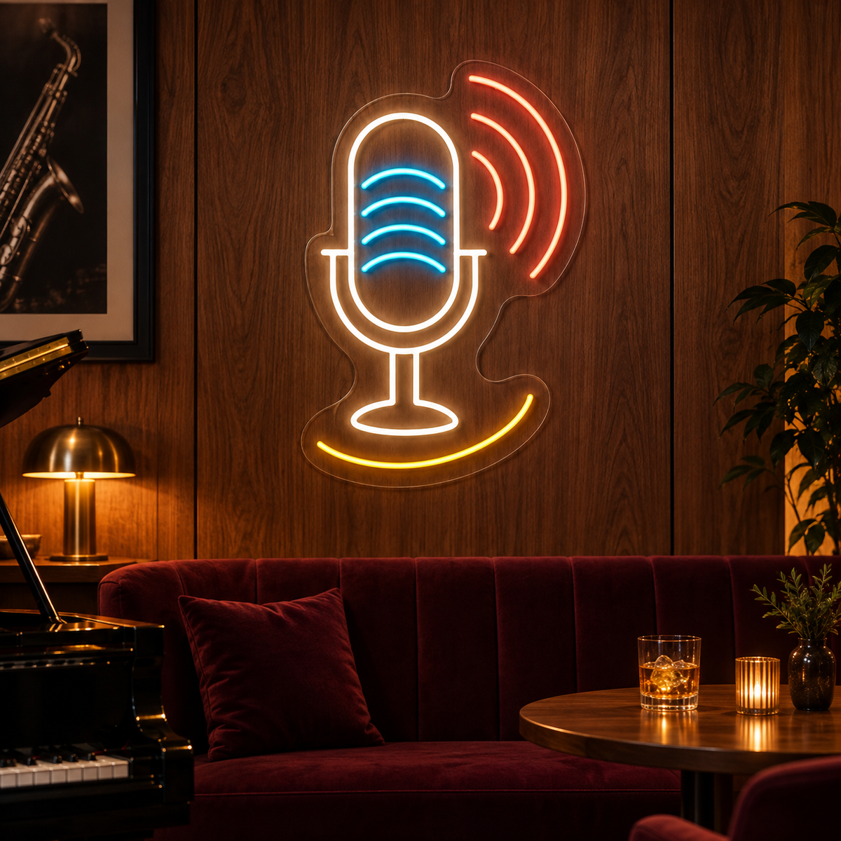 Microphone & Sound Waves LED Neon Sign for Vocal Studios - interior setting