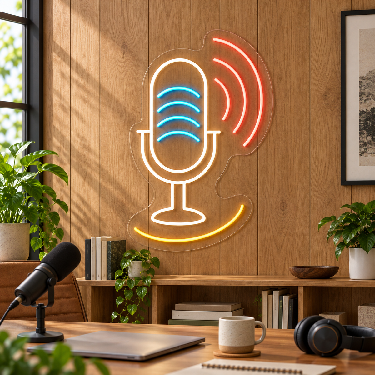Microphone & Sound Waves LED Neon Sign for Vocal Studios - interior setting