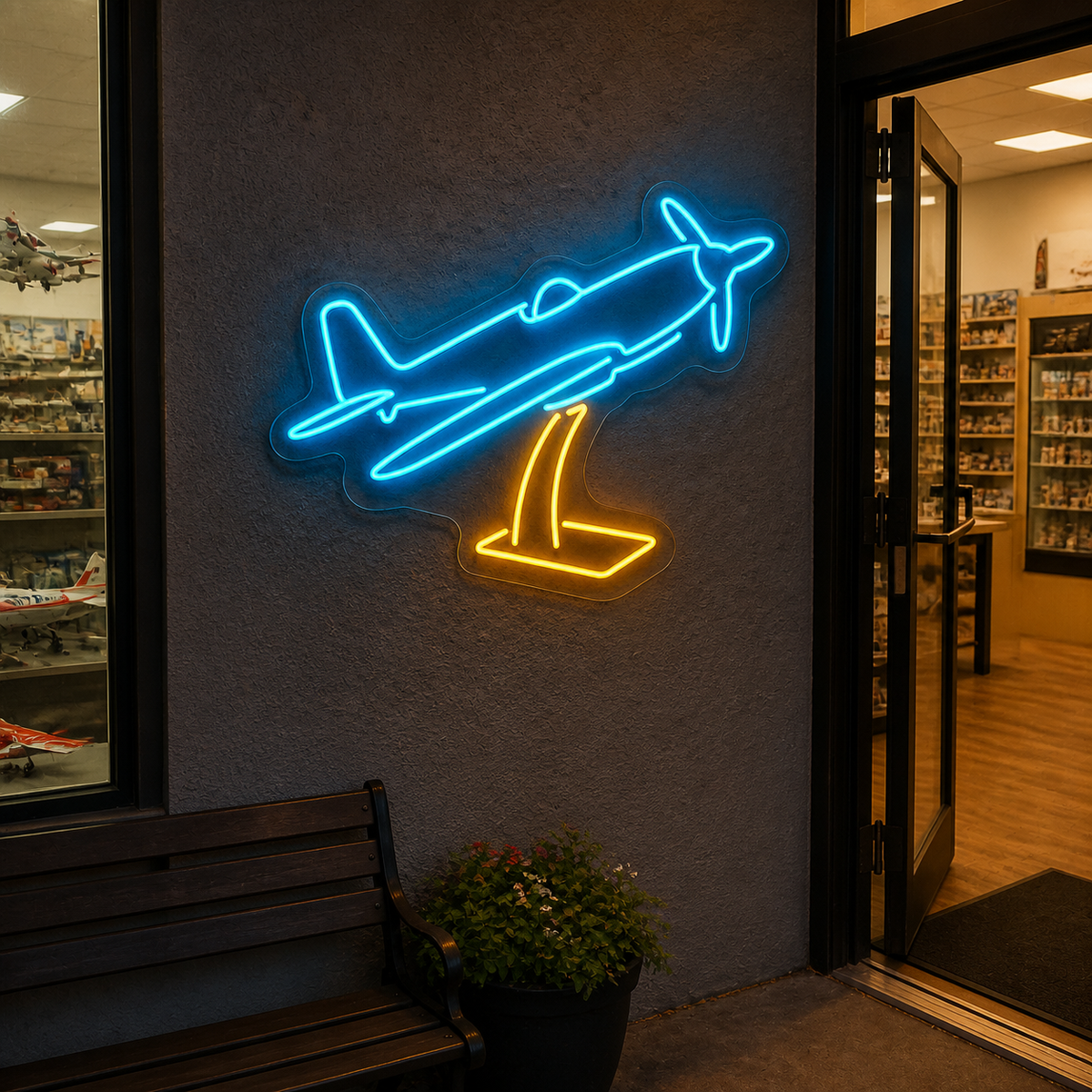 Model Airplane on Stand LED Neon Sign for Model Hobby Rooms - interior setting