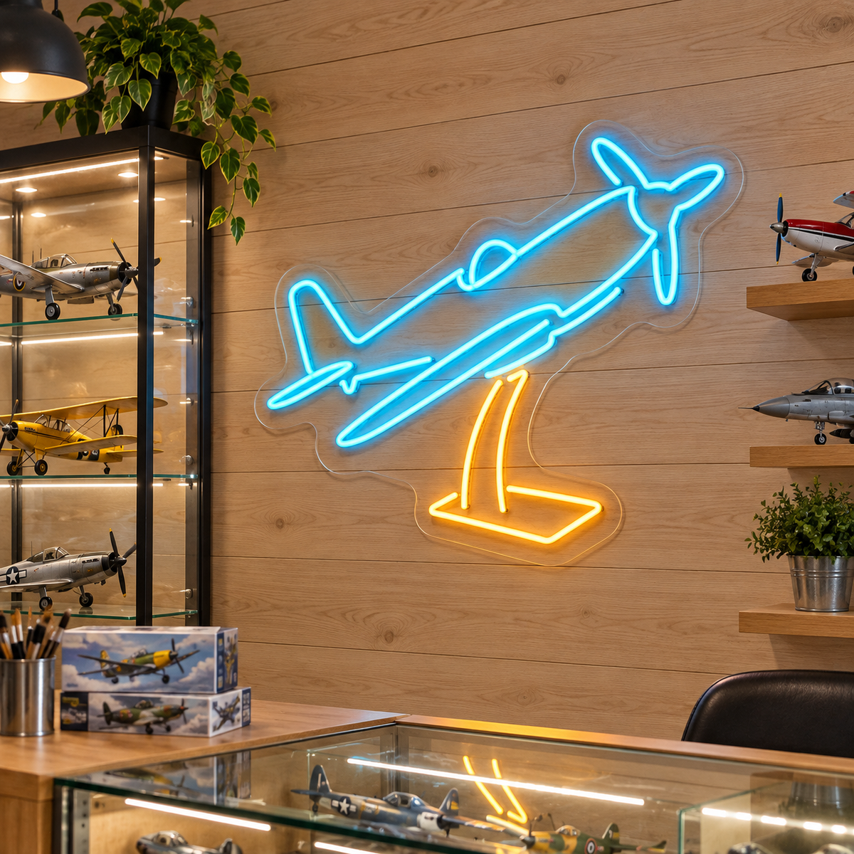 Model Airplane on Stand LED Neon Sign for Model Hobby Rooms - interior setting