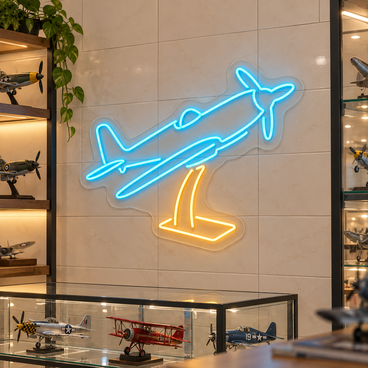 Model Airplane on Stand LED Neon Sign for Model Hobby Rooms - interior setting
