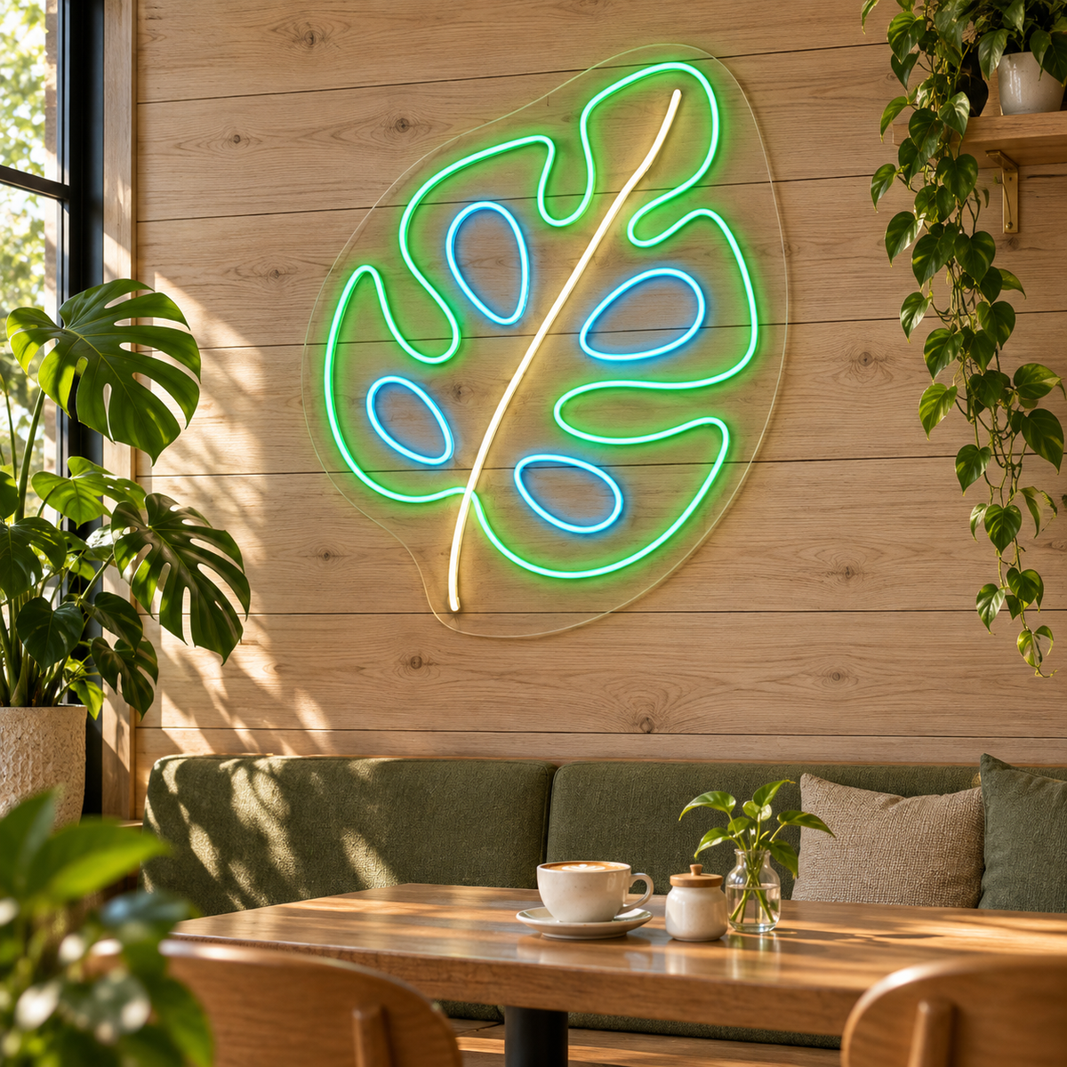 Monstera Leaf LED Neon Sign for Botanical Gardens - interior setting