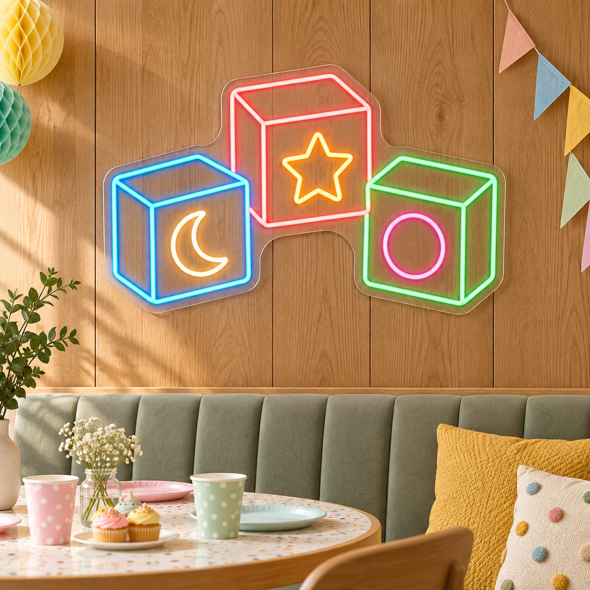 Moon & Star Toy Blocks LED Neon Sign for Kids' Party Venues - interior setting