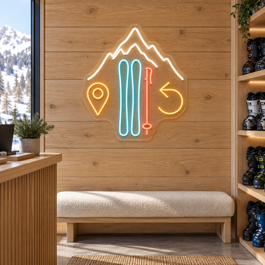 Skis & Mountain LED Neon Sign for Ski Rental Shops - interior setting