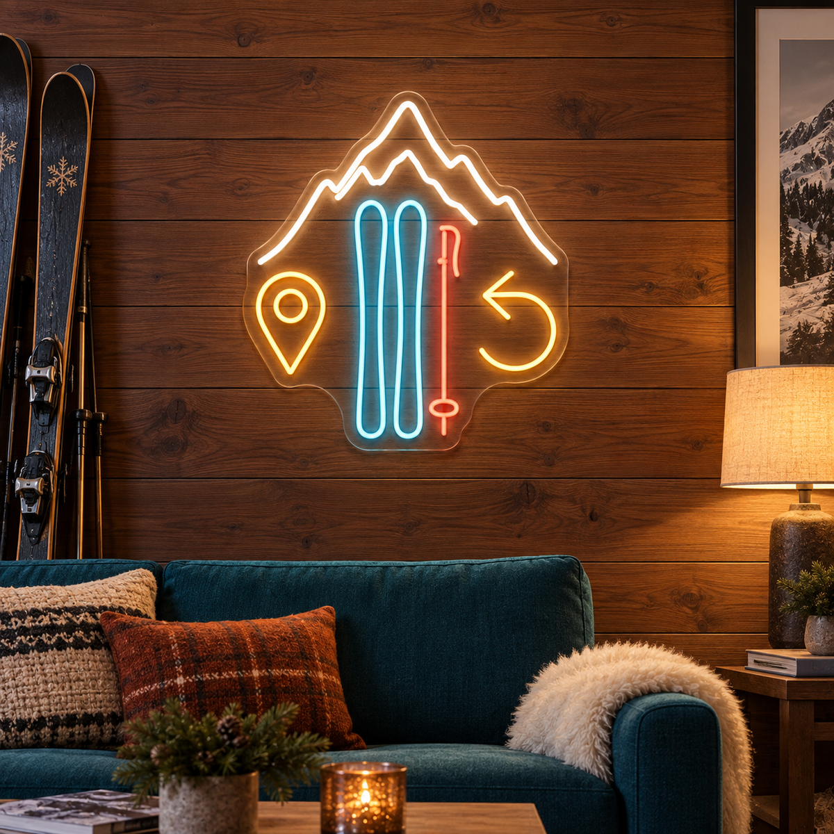 Skis & Mountain LED Neon Sign for Ski Rental Shops - interior setting