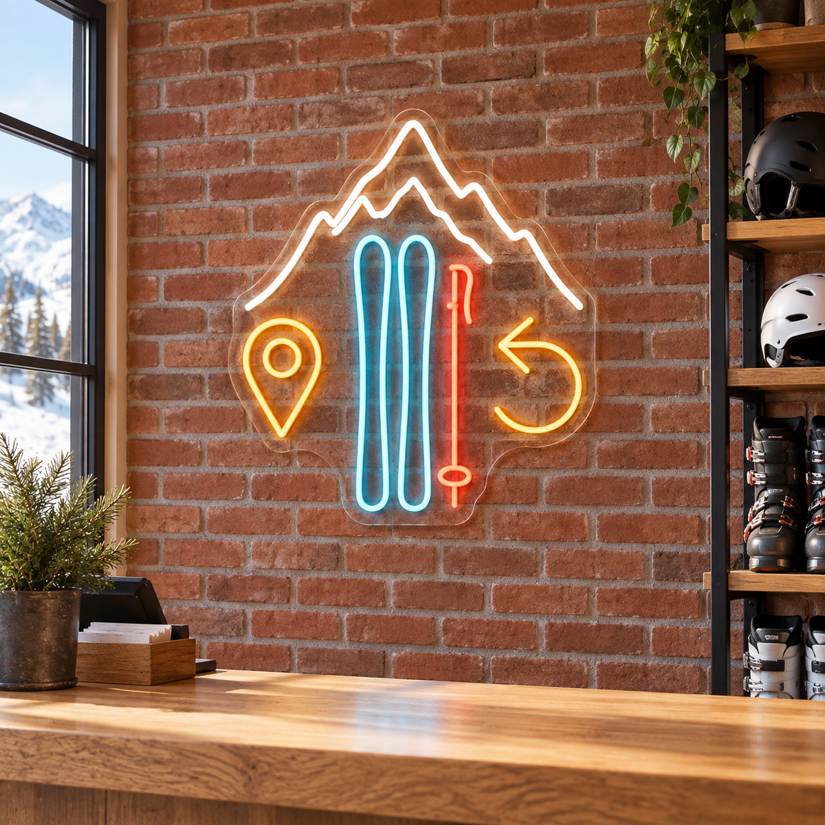 Skis & Mountain LED Neon Sign for Ski Rental Shops - interior setting