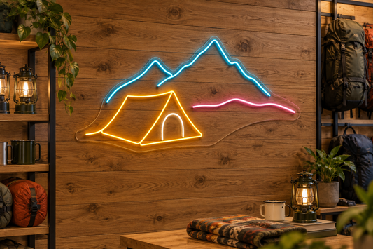 Mountain Tent LED Neon Sign for Camping Spaces - interior setting