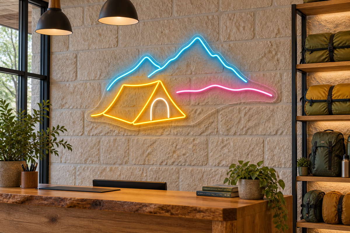 Mountain Tent LED Neon Sign for Camping Spaces - interior setting