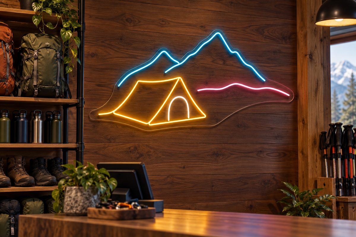 Mountain Tent LED Neon Sign for Camping Spaces - interior setting