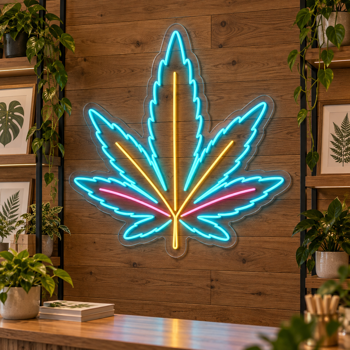 Cannabis Leaf LED Neon Sign for Dispensary Decor - interior setting