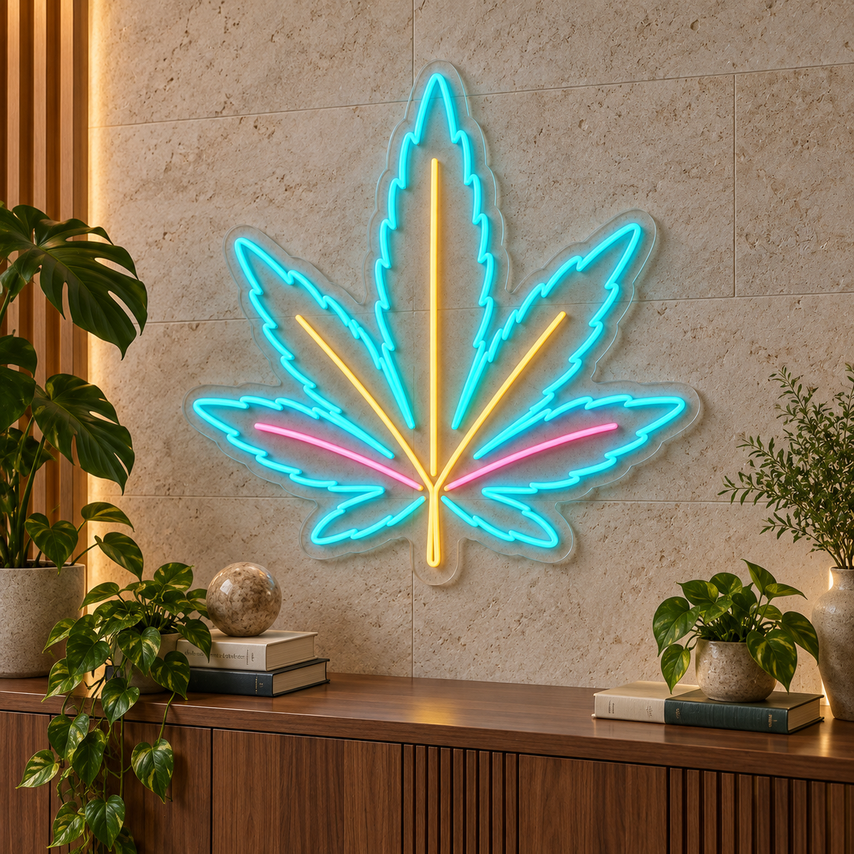 Cannabis Leaf LED Neon Sign for Dispensary Decor - interior setting